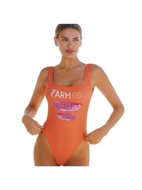 NEW Farm Rio High Leg One Piece Swimsuit Fish Vibrant 80s Summer Beach Womens XS